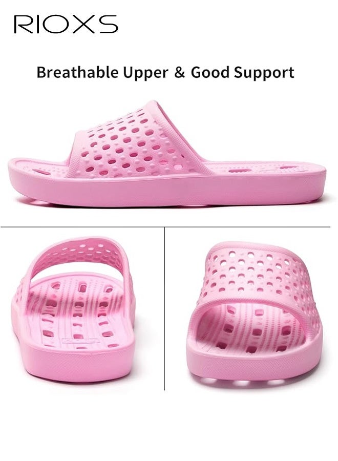 RIOXS Slippers For Women, Quick Drying Shower Slippers With Drainage Holes, Soft Comfortable Slippers, Flat Sliders, Non-Slip Bath Slippers, Bathroom Slippers For Indoor Outdoor Poolside Use, Lightweight Dorm Home Slide Sandals, Pink - Image 5